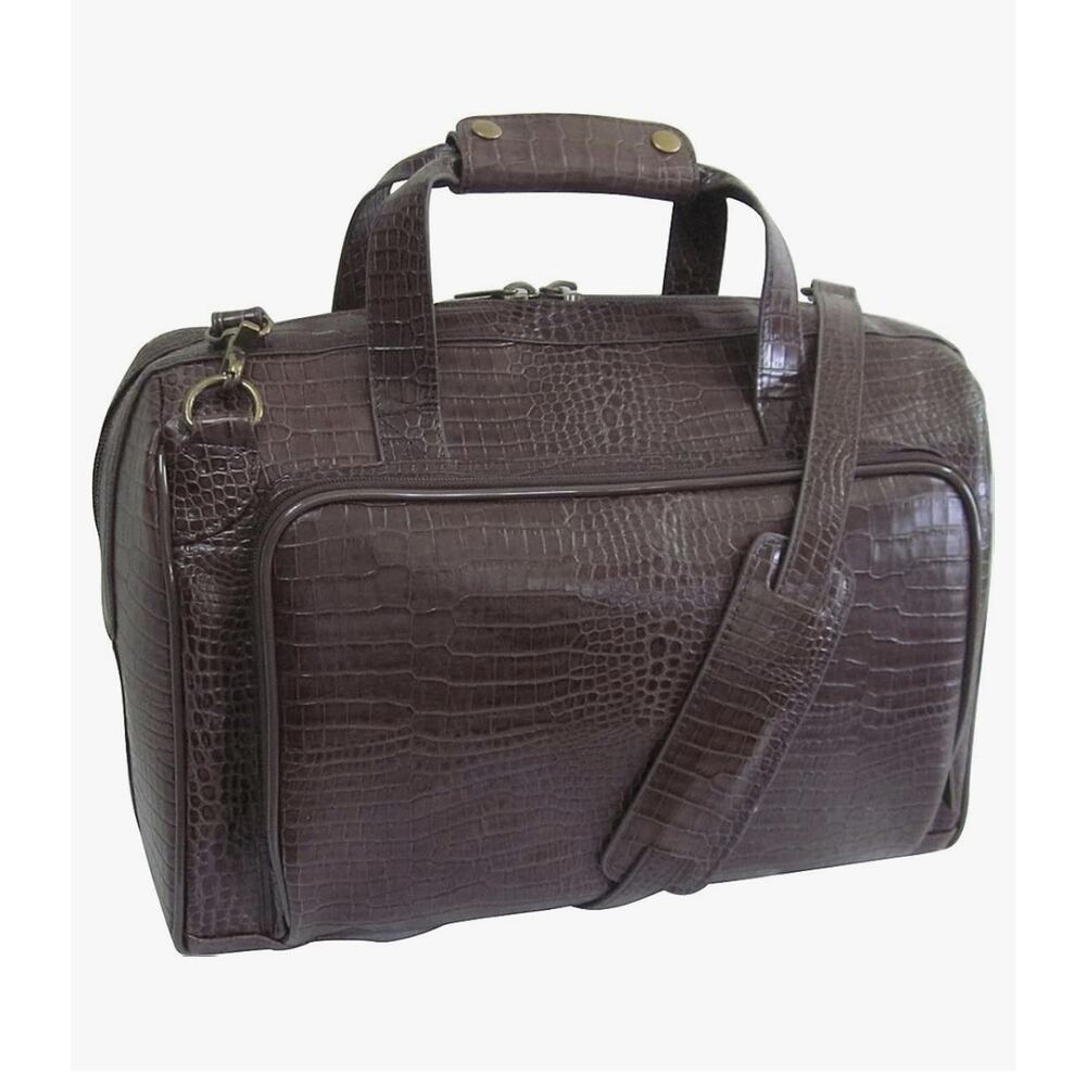 Amerileather Genuine Leather Croco Print Duffel Travel Bag Brown Carry On - Picture 14 of 16